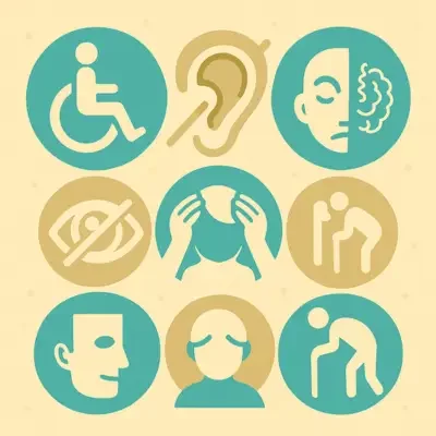 illustration-types-handicap-accessibilite-les-plumes-fantastiques Illustration carrée représentant six symboles de handicap : moteur, visuel, auditif, cognitif, psychique et maladies invalidantes. Icônes épurées en flat design dans un univers doux et inclusif, cohérent avec Les Plumes Fantastiques.